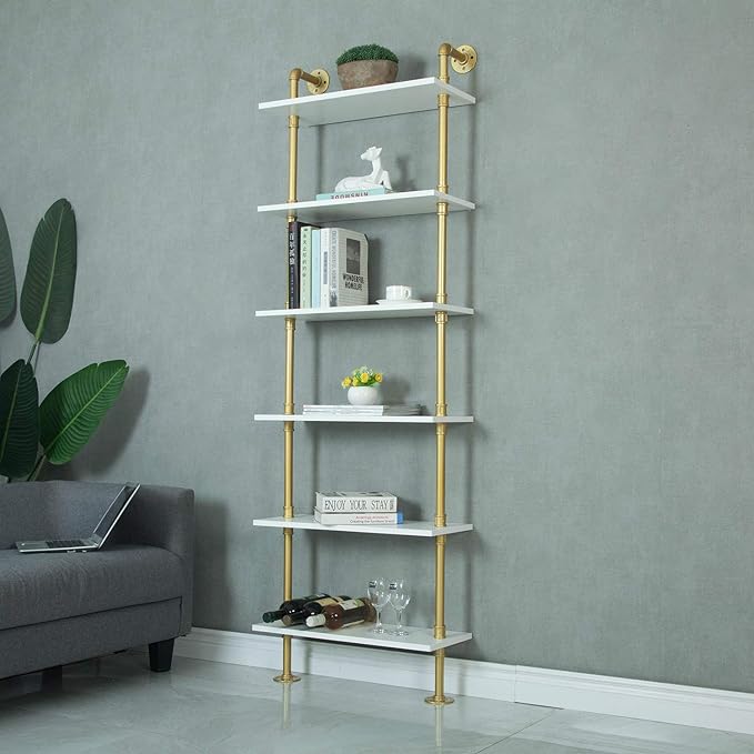 WGX Design For You Industrial 6-Tiers Modern Ladder Shelf Bookcase,Wood Storage Shelf,Display Shelving, Wall Mounted Wood Shelves(Gold) - LeafyLoom