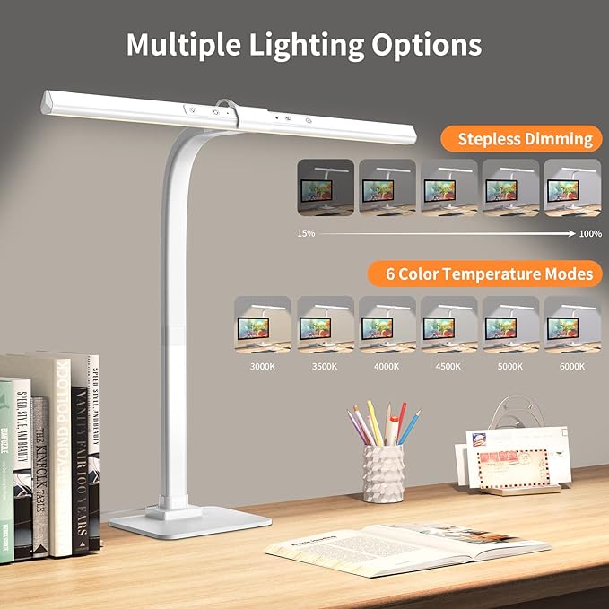 KableRika LED Desk Lamp, Architect Desk Lamps for Home Office, 12W Bright Modern Tall Table Lamp with Base, Dimmable&6 Color Modes, Auto-Dimming for Office Desk Lighting, Workbench, Monitor, Crafting - LeafyLoom