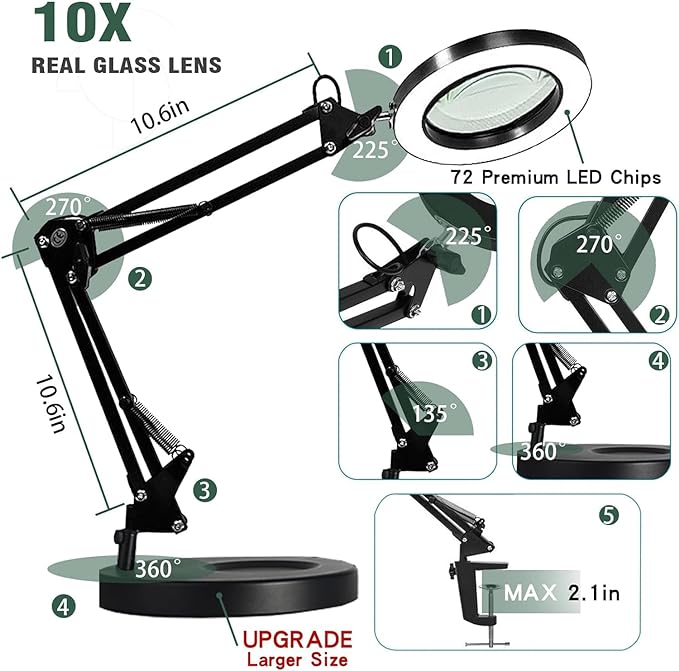 Magnifying Glass with Light and Stand, 10X Magnifying Lamp, 2-in-1 Magnifying Desk Lamp with Clamp, 3 Color Mode, Magnifying Glasses with Light for Close Work (2nd Generation Base ＆ Clamp) - LeafyLoom