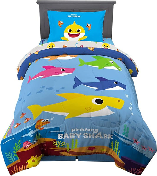 Franco Kids Bedding Super Soft Comforter and Sheet Set, 4 Piece Twin Size, Baby Shark - LeafyLoom