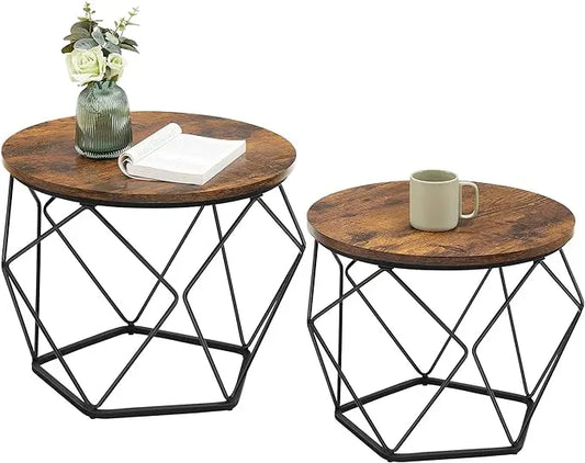 VASAGLE Small Coffee Table Set of 2, Round Coffee Table with Steel Frame, Side End Table for Living Room, Bedroom, Office, Rustic Brown and Ink Black - LeafyLoom