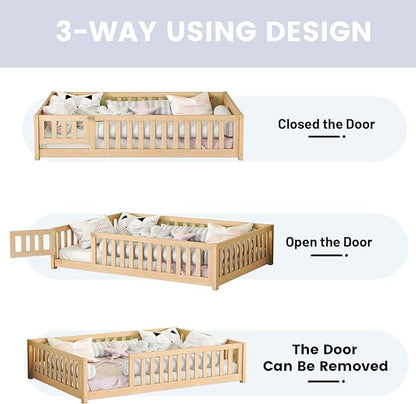 Multifunctional Full Size Floor Bed with Safety Guardrails and Door, Removable Wood Slats, Montessori Beds Frame for Toddlers, for Boys and Girls, Natural - LeafyLoom