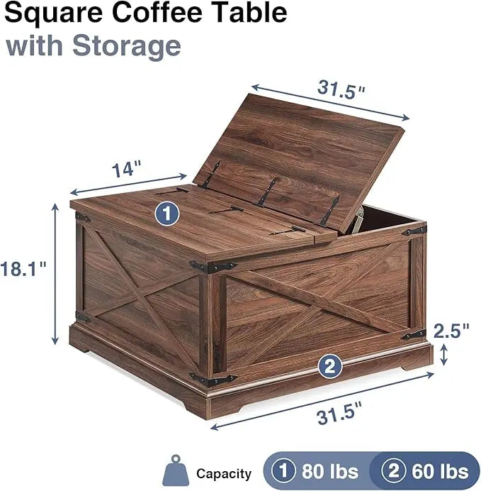 Farmhouse Square Coffee Table with Storage, Wood Center Table with Hinged Lift Top, Rustic Cocktail Table with Large Hidden Storage Compartment for Living Room, Bedroom,Brown - LeafyLoom