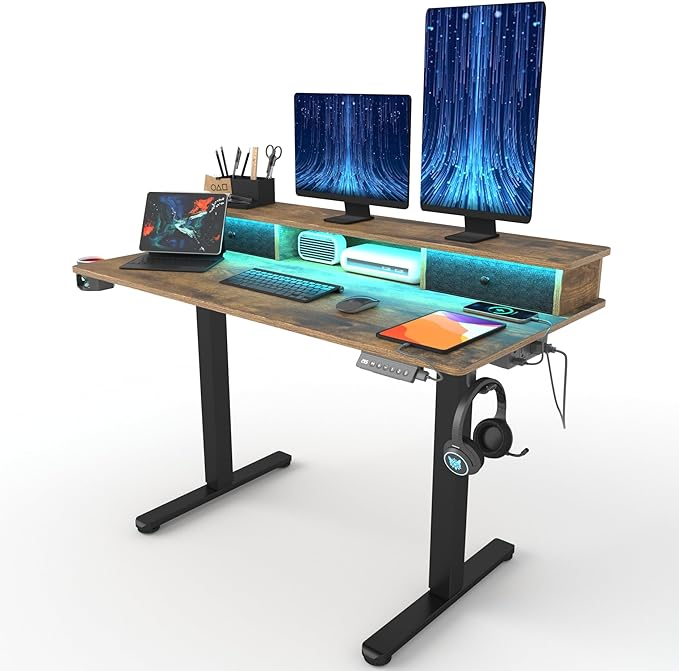 Electric Adjustable Standing Desk, Sit Stand Desk with Power Outlets & LED Lights 48”Adjustable Height Standing Desk with Drawers Adjustable Table Desk Riser for Home Office - LeafyLoom