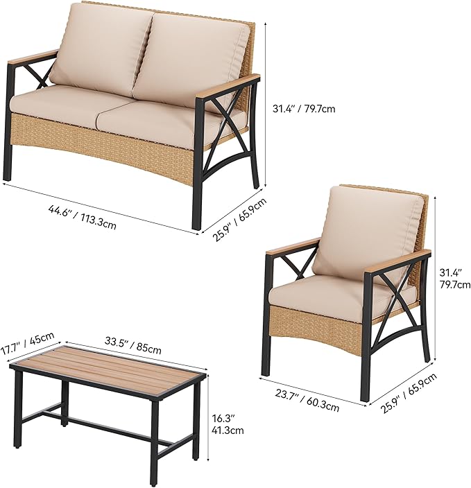 YITAHOME 4-Piece Patio Wicker Furniture Set with Wood Armrest, All Weather Rattan Conversation Furniture Sets for Backyard, Balcony, Deck w/Soft Cushions and Plastic Wood Table (Light Brown+Beige) - LeafyLoom