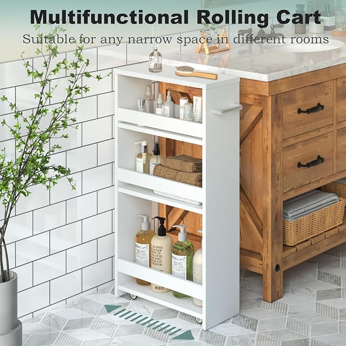 MARTY White Slim Storage Cart with Wheels, 4 Tier Rolling Utility Cart with Handle Slide Out Shelving Unit Organizer Trolley for Laundry Kitchen Bathroom Narrow Places Small Corner - LeafyLoom