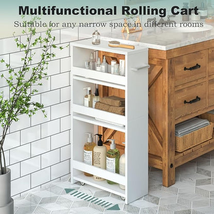 MARTY White Slim Storage Cart with Wheels, 4 Tier Rolling Utility Cart with Handle Slide Out Shelving Unit Organizer Trolley for Laundry Kitchen Bathroom Narrow Places Small Corner - LeafyLoom