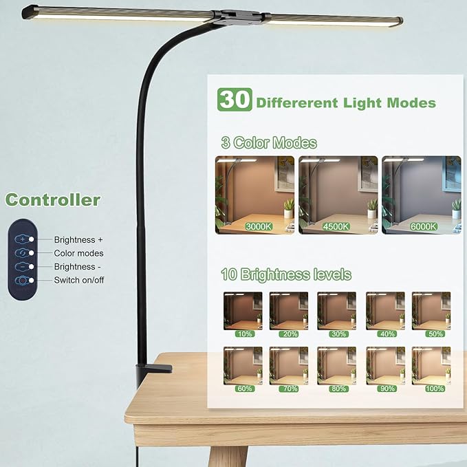 Desk Lamp for Office Home - LED Reading Light 160 LEDs with Clamp Table Lamps Eye-Caring Study Clip on Lights 3 Modes & Stepless Dimming Double Head Computer Lighting for Home, Office and Bedroom - LeafyLoom