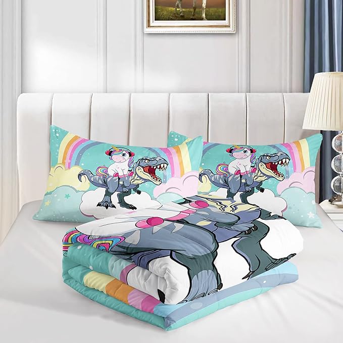 Unicorn Comforter Set 3Pcs Cartoon Dinosaur Kids Bedding Set Rainbow Cloudy Star Bed Set with 1 Comforter and 2 Pillowcases - LeafyLoom