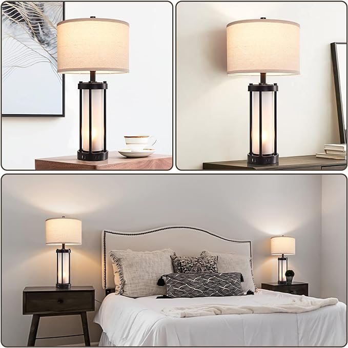 Set of 2 Modern Table Lamps for Living Room with 2 USB Ports, White Frosted Glass Nightlight for Bedroom, Contemporary Desk Lamps for Nightstand End Table Entryway, 4 Bulbs Included (Black) - LeafyLoom