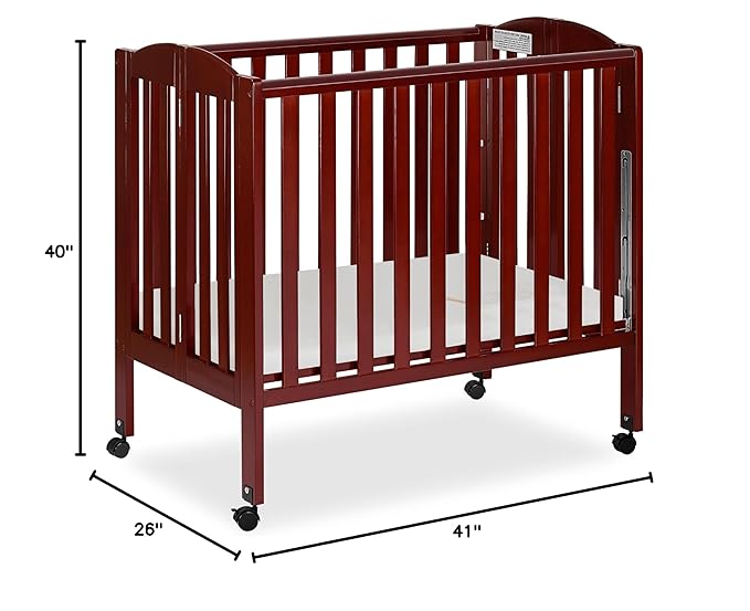 Dream On Me 3 in 1 Portable Folding Stationary Side Crib in Cherry, Greenguard Gold Certified, Safety Wheel with Locking Casters, Convertible, 3 Mattress Heights - LeafyLoom