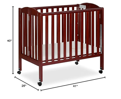 Dream On Me 3 in 1 Portable Folding Stationary Side Crib in Cherry, Greenguard Gold Certified, Safety Wheel with Locking Casters, Convertible, 3 Mattress Heights - LeafyLoom