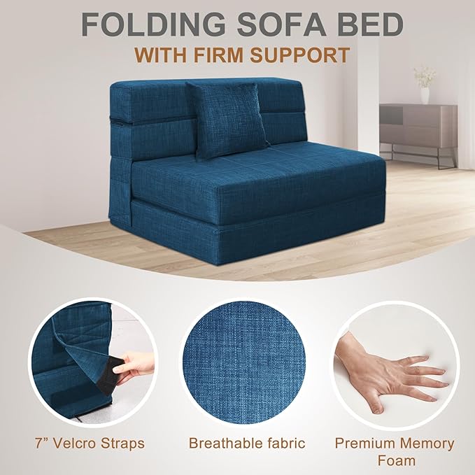 Folding Sofa Bed Couch Memory Foam with Pillow Sleeper Chair Lazy Couch Twin Size Futon Convertible Guest Beds,Washable Cover,Dark Blue - LeafyLoom