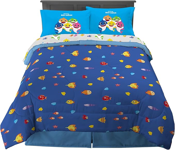 Franco Kids Bedding Super Soft Comforter and Sheet Set, 5 Piece Full Size, Baby Shark - LeafyLoom