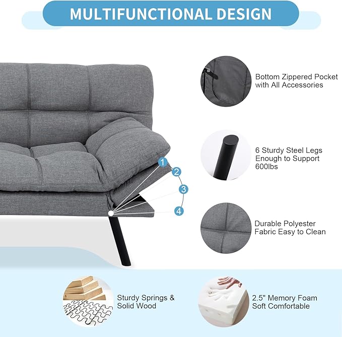 MUUEGM Futon Sofa Bed,Convertible 71" Couch Sofa, Modern Grey Sleeper Sofa with Adjustable Backrest for living room,Memory Foam Sofa Futon Couch Bed,Light Grey - LeafyLoom