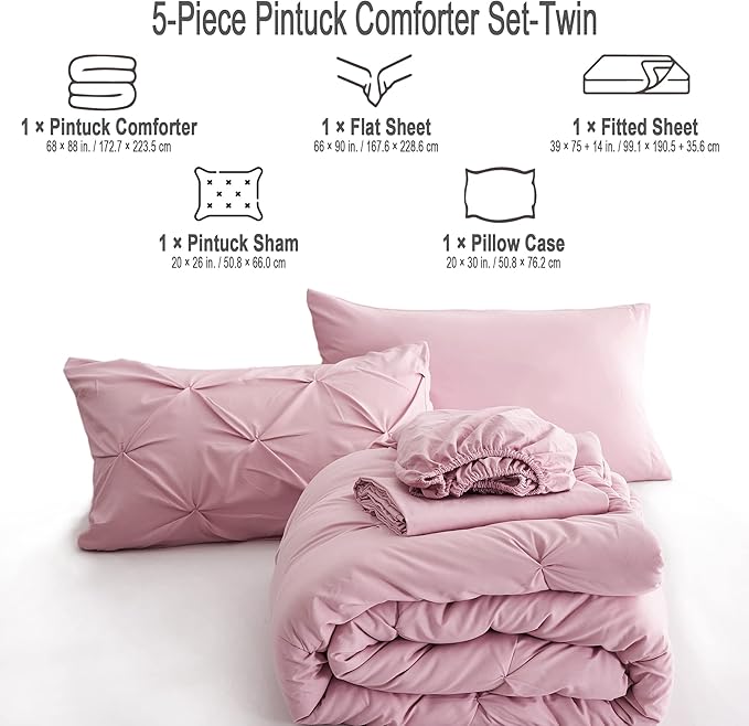 Ubauba 5pc Twin Comforter Set for Girls with Sheets, Blush Pintuck 5 Piece Bed in a Bag Set, Soft Pinched Pleat All Season Twin Size Bedding Sets (Pink,Twin) - LeafyLoom