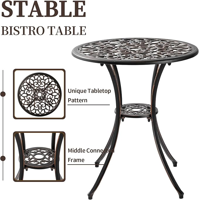 Patio Bistro Sets 3 Piece, Outdoor Bistro Table and Chairs Set of 2 with Umbrella Hole, Cast Aluminum Bistro Set, Patio Furniture for Yard Garden Porch, Bronze - LeafyLoom