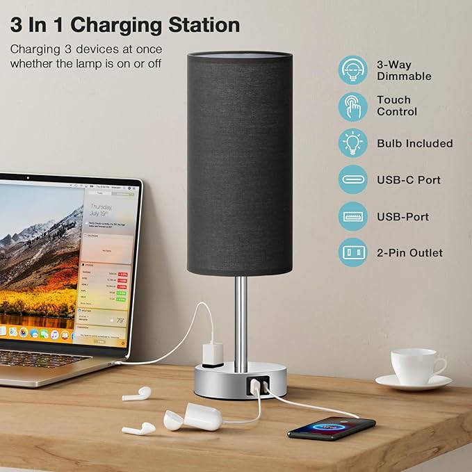 Black Bedroom Table Lamp for Bedside - 3 Way Dimmable Touch Lamp USB C A Charging Ports and AC Outlet, Small Desk Lamp for Nightstand for Living Room with Silver Base, Office Desk, LED Bulb Included - LeafyLoom