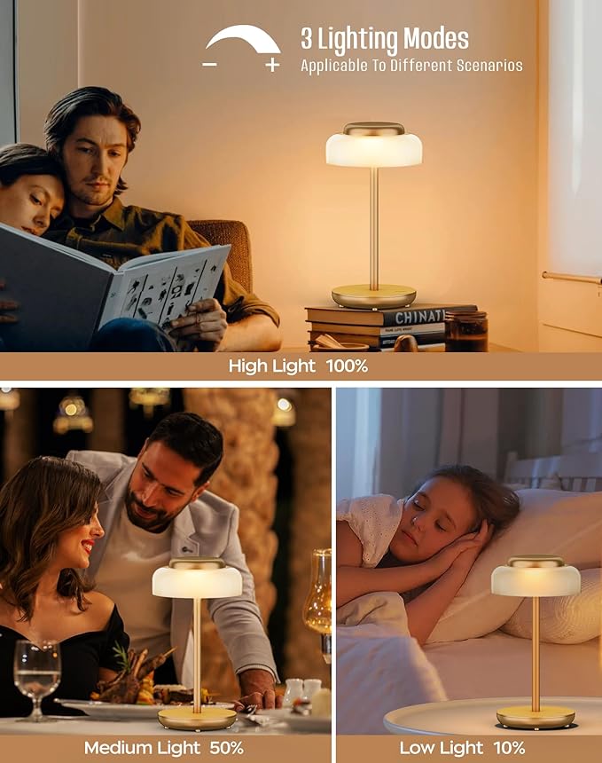 QiMH Battery Operated LED Table Lamp, 2 Pack 5000mAh Cordless Desk Lamp with 3 Level Brightness Touch Control, Mini Rechargeable Night Light for Living Room, Bedroom, Outdoor bar (Gold) - LeafyLoom