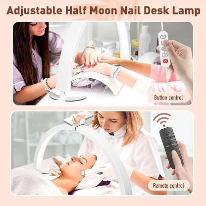 HITTI Half Moon Light for Nail Desk with Phone Holder, Foldable Nail Tech Light, Lash Table Lamp with Wire Controller & Remote, 7 Color Modes 10 Brightness for Extension Tattoo Craft Beauty - White - LeafyLoom