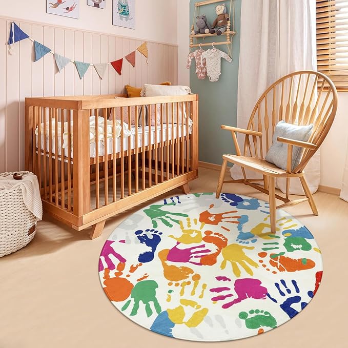 Large Round Rug for Classroom 6 Ft, Colorful Circle Rug for Nursery, Washable Kids Rug for Playroom, Soft Circular Carpet Handprints and Footprints Play Mat for Kids Bedroom Toy Room - LeafyLoom