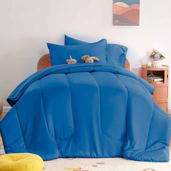 SLEEP ZONE Kids Twin Bedding Comforter Set - Super Cute & Soft Kids Bedding 5 Pieces Set with Comforter, Sheet, Pillowcase & Sham (Blue) - LeafyLoom