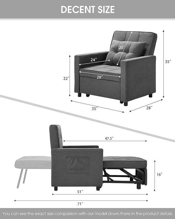 XSPRACER [UPDATED] Convertible Chair Bed, Sleeper Chair Bed 3 in 1, Stepless Adjustable Backrest, Armchair, Sofa, Bed, Fleece, Dark Gray, Single One - LeafyLoom