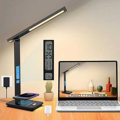 10 in 1 Smart Desk Lamp, Desk Table Lamp for Office, Eye-Caring Office Lamp with Night Light, Lamp for Desk with 10W Wireless Charger, Dimmable Touch Lamp for Home College Dorm Reading Study Work Room - LeafyLoom