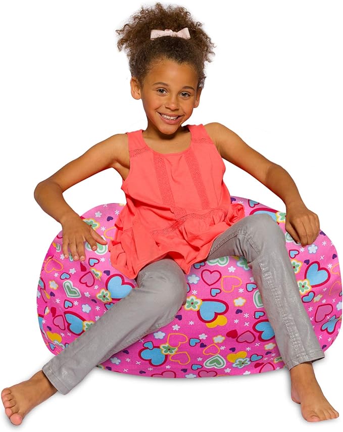 Posh Creations Bean Bag Chair for Kids, Teens, and Adults Includes Removable and Machine Washable Cover, Canvas Multi-Colored Hearts on Pink, 27in - Medium - LeafyLoom