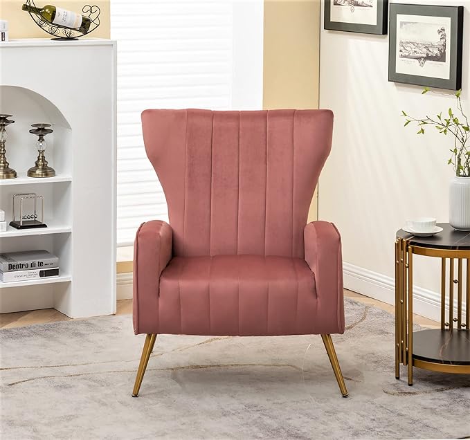 Armchair Modern Velvet Accent Chair, Channel Tufted Bedroom, Office or Living Room Furniture with Elegant Metal Legs, Rose - LeafyLoom