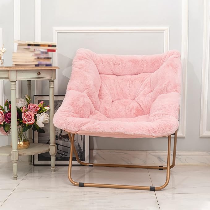 Tiita Comfy Saucer Chair, Soft Faux Fur Oversized Folding Accent Chair, Lounge Lazy Chair for Kids Teens Adults, Metal Frame Moon Chair for Bedroom, Living Room, Dorm Rooms, X-Large Pink - LeafyLoom