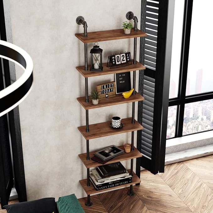 Industrial Pipe Bookshelves Rustic Wall Ladder Bookshelf Display Storage Stand Shelf Bookcase for Living Room, Kitchen, Office (6 Tier) - LeafyLoom