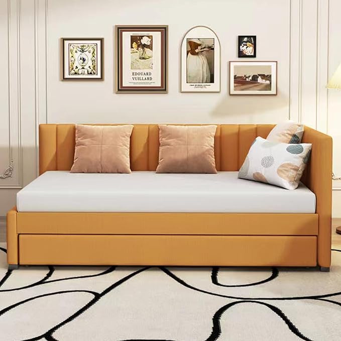 Twin Size Upholstered Linen Daybed with 2 Trundle,Semi-Closed Design,Solid Wood Bed Frame,W/Backrest and Slat Support,No Box Spring Needed,for Apartment Bedroom,Yellow - LeafyLoom