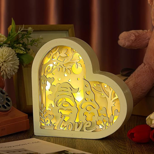 Valentine's Day LED Wooden Heart Light Sign 7 inch Light Up Heart Table Block Love Wood Lantern Shadow Box Gnome Shaped Tabletop Centerpiece for Wedding Engagement Shelf Desk Decoration - LeafyLoom