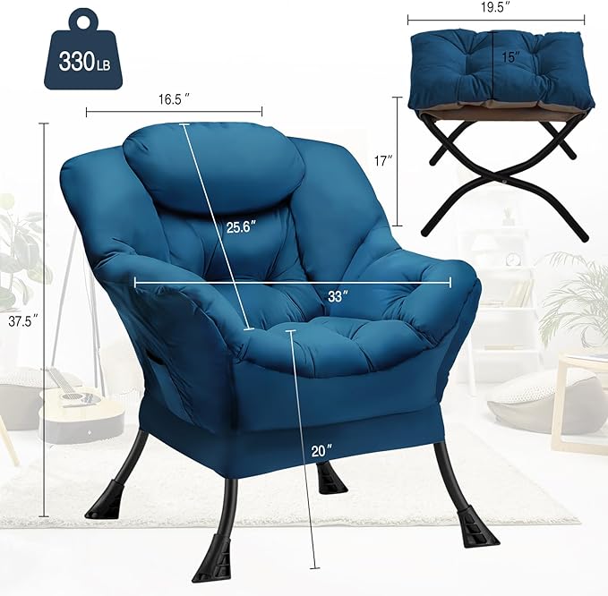 Lazy Chair with Folding Ottoman Modern Large Accent Chair,Contemporary Lounge Leisure Sofa Chair with Armrests Upholstered Sofa Armchair Reading Chair for Bedroom,Dorm & Office,Blue - LeafyLoom