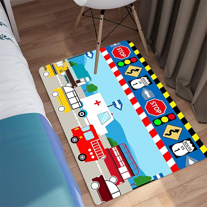 Cartoon Ambulance Car Area Rug Car Carpet for Kids Play Rug for Cars and Trucks Car Rug Play Mat Car Track Rug Truck Rugs for Boys Room Rugs for Boys Bedroom,Light Blue 2'×3' - LeafyLoom