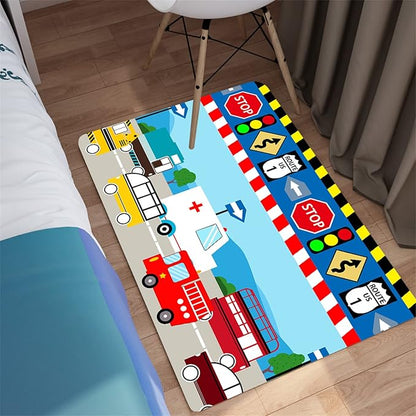 Cartoon Ambulance Car Area Rug Car Carpet for Kids Play Rug for Cars and Trucks Car Rug Play Mat Car Track Rug Truck Rugs for Boys Room Rugs for Boys Bedroom,Light Blue 2'×3' - LeafyLoom