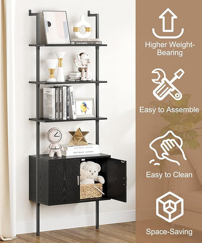 Gadroad Ladder Bookshef with Cabinet, Wall Mounted Bookcases, 5 Tier Tall Open Display Rack, 73" Metal Industrial Bookshelf, Storage Shelves for Livingroom, Home Office, Black - LeafyLoom