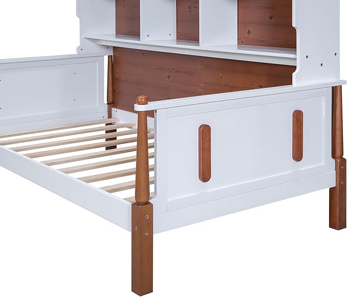 Twin Size Platform Bed with Multiple Storage, No Box Spring Required,Easy to Assemble,Wood Bed Frame for Bedroom/Apartment/Guest-Room,White+Walnut - LeafyLoom