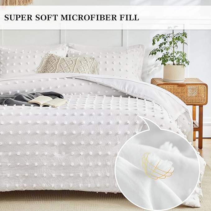 7 Pieces Tufted Dots Bed in a Bag Queen Comforter Set with Sheets White , Soft and Embroidery Shabby Chic Boho Comforters, Solid Color with Pom Pom Design, Jacquard Tufts Bedding Set for All Season - LeafyLoom