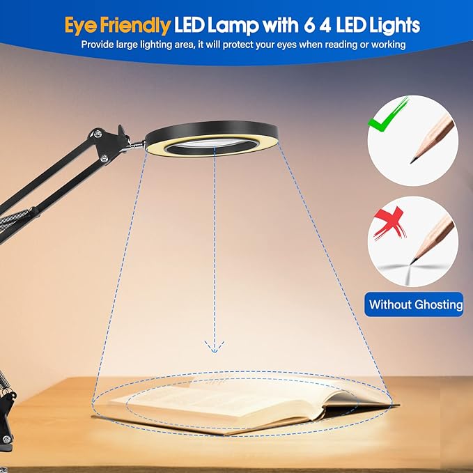 64 LED USB 10X Magnifying Desk Lamp with Clamp, Desk Hands-free Lighted Magnifier with 3 Color Modes, 10 Level Dimmable and Flexible Gooseneck for Reading Craft Sewing Repair Close Work Beauty - LeafyLoom