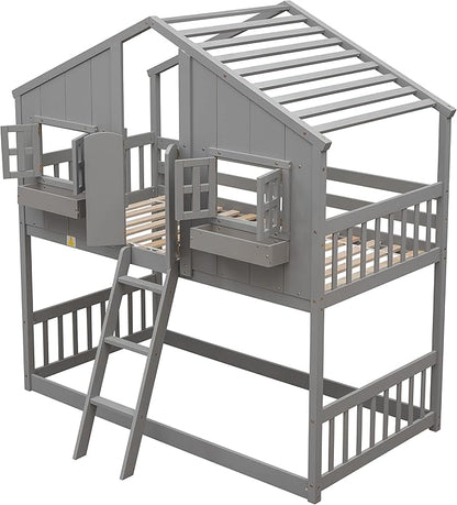 Twin Size House Bunk Bed with Roof, Door, Window and Small Box, Wooden Low Bunkbed Frame with Safety Guardrails and Ladder, for Kids Teens Bedroom, Twin Over Twin, Grey - LeafyLoom