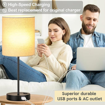 【Upgraded】Set of 2 Touch Beige Table Lamps with 2 USB Ports & AC Outlet, 3-Way Dimmable Bedside Nightstand Lamps for Living Room Nursery Office Bedroom, 800 Lumens 2700K Warm Bulbs Included - LeafyLoom