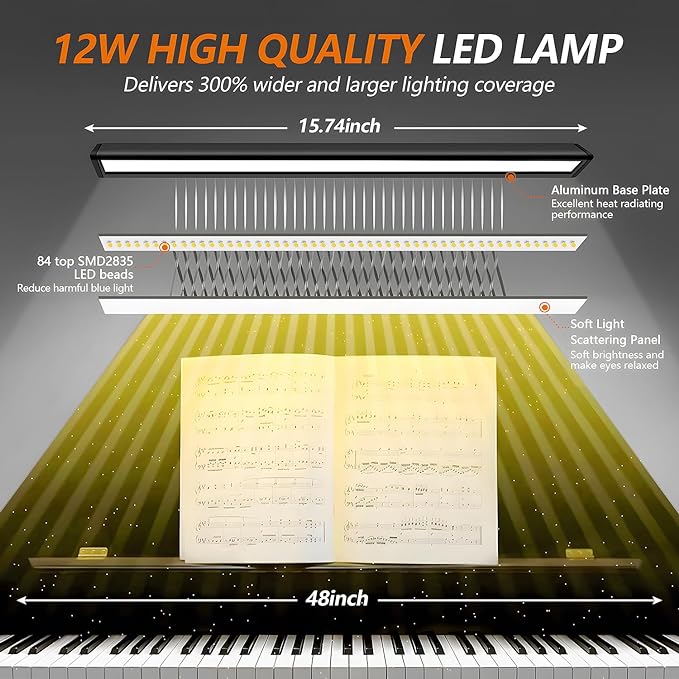 Piano Light for Grand / Upright Piano, Upgraded LED Piano Lamp with 5 Color Modes & USB Charging Port, Dimmable Gooseneck Piano Desk Lamp, Auto-Off Timer, Music Stand Light, Home Office Table Light - LeafyLoom