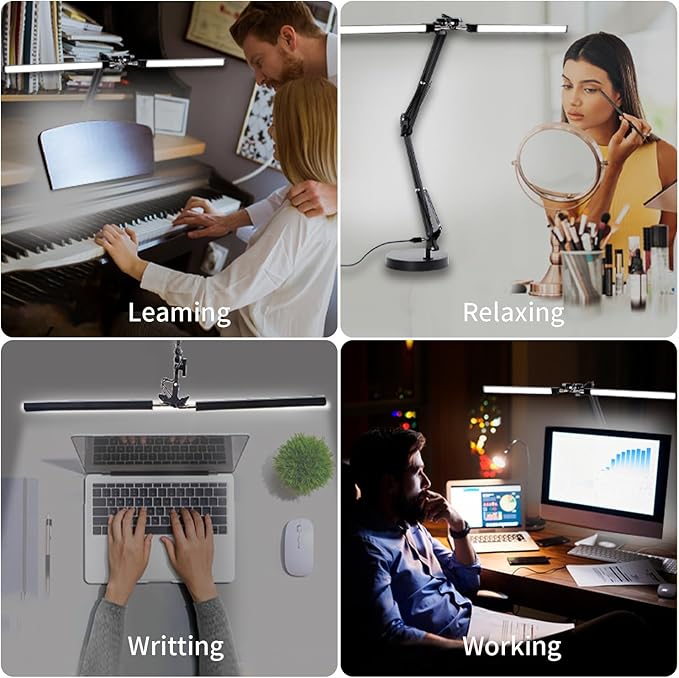 Double Swing Arm Bright LED Desk Light Adjustable Foldable Desk Lamp for Home Office, 3 Colors Lighting & Stepless Dimming Dimmable Table Desk Light for Work/Study/Craft - LeafyLoom