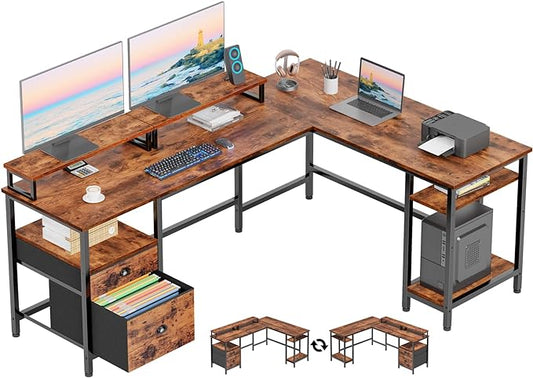 Furologee 66" L Shaped Computer Desk with Shelves, Reversible Corner Gaming Desk with File Drawer and Dual Monitor Stand, Large Home Office Desk Writing Study Table Workstation, Rustic Brown - LeafyLoom