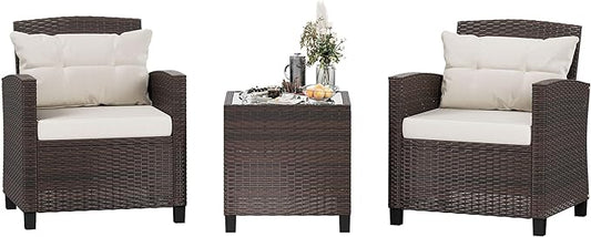 Shintenchi 3 Pieces Patio Furniture Set 3 Pieces PE Rattan Wicker Chairs with Table Outdoor Furniture for Backyard/Garden/Poolside/Outdoor Restaurant Brown Rattan with White Cushion - LeafyLoom