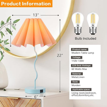 Modern Table Lamp for Bedroom Nightstand Touch Lamps Set of 2 Orange Blue Lamps for Living Room End Table Dimmable Table Lamp with USB Port and Outlet - LeafyLoom