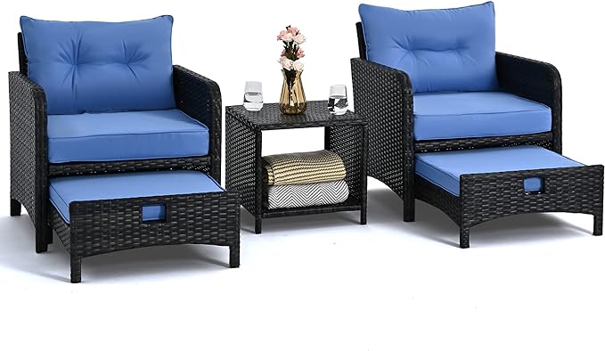 Pamapic 5 Pieces Wicker Patio Furniture Set Outdoor Patio Chairs with Ottomans Conversation Furniture with coffetable for Poorside Garden Balcony(Blue Cushion + Black Rattan)… - LeafyLoom