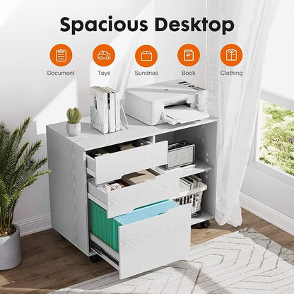 Sweetcrispy 3 Drawer File Cabinet Organizer Lateral Printer Stand Rolling Desk with Adjustable Storage Shelves for Office Home Small Space, White Wood - LeafyLoom